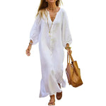 Robe longue minimaliste en coton et lin à col en V pour femmes