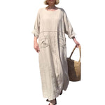 Robe décontractée à manches longues en coton et lin à col rond