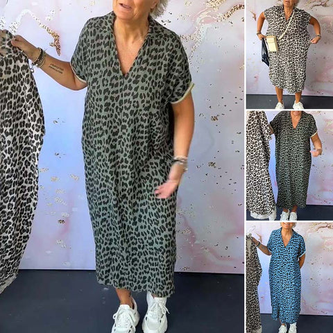Robe à manches courtes à col en V en imprimé léopard