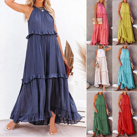 Robe de vadrouille à bretelles à col rond et sans manches de couleur unie pour femmes