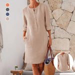 Robe décontractée à col rond en coton et lin de couleur pure