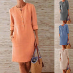 Robe décontractée à col rond en coton et lin de couleur pure