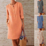 Robe décontractée à col rond en coton et lin de couleur pure