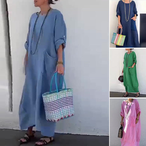 Robe longue en patchwork de coton et de lin