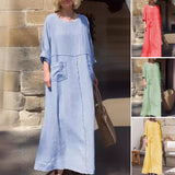 Robe décontractée à manches longues en coton et lin à col rond