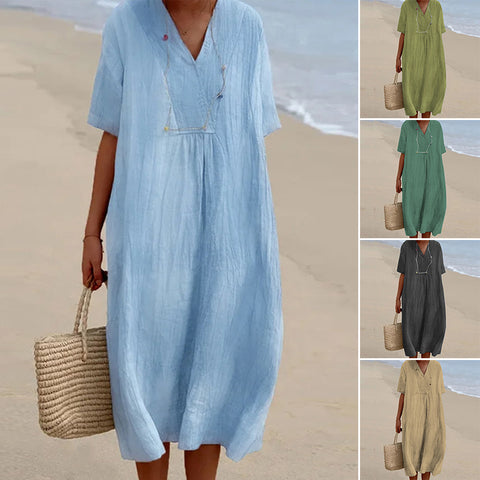 Robe en coton et lin de couleur unie pour femmes