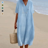 Robe en coton et lin de couleur unie pour femmes