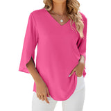 Chemise en mousseline de soie à col en V et à manches mi-longues, de couleur unie