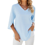 Chemise en mousseline de soie à col en V et à manches mi-longues, de couleur unie