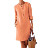Robe décontractée à col rond en coton et lin de couleur pure