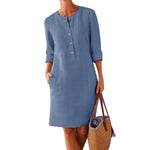 Robe décontractée à col rond en coton et lin de couleur pure