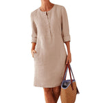 Robe décontractée à col rond en coton et lin de couleur pure