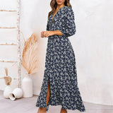 Robe à manches longues à fleurs vintage avec bouton