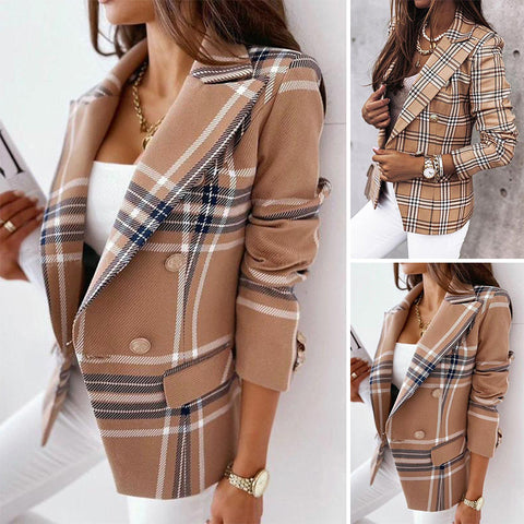 Blazer à carreaux croisés à manches longues