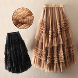 Belle Jupe D'automne Á Plusieurs Niveaux En Tulle Au Design Asymétrique Kaki