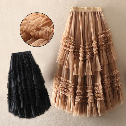 Belle Jupe D'automne Á Plusieurs Niveaux En Tulle Au Design Asymétrique Kaki