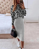 Ensemble en maille avec haut léopard et jupe unie