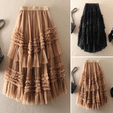 Belle Jupe D'automne Á Plusieurs Niveaux En Tulle Au Design Asymétrique Kaki