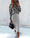 Ensemble en maille avec haut léopard et jupe unie