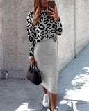 Ensemble en maille avec haut léopard et jupe unie