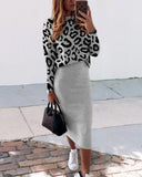 Ensemble en maille avec haut léopard et jupe unie