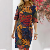 Vestido vintage estampado floral con cuello redondo y media manga