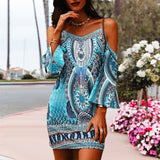 Robe bleue imprimée à épaules dénudées