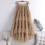 Belle Jupe D'automne Á Plusieurs Niveaux En Tulle Au Design Asymétrique Kaki