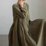 Robe en coton et lin à col rond de couleur unie