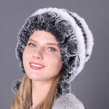 🎁Chapeaux en Vraie Fourrure de Lapin Rex Rayés à Fleurs Chaudes