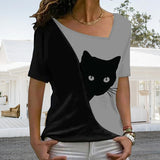 T-shirt chat noir à encolure diagonale