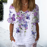 T-shirt En Coton Et Lin à Manches Courtes Et Col Rond à Fleurs Daisy