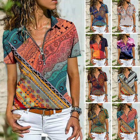 T-shirt Zippé à Manches Courtes Bohemian West Ethnic