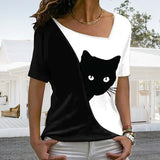 T-shirt chat noir à encolure diagonale