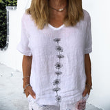 T-shirt En Coton Et Lin à Manches Courtes Et Col Rond à Fleurs Daisy