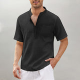 Chemise en Lin et Coton pour Hommes T-shirt Noir à Col Montant