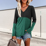 T-shirt décontracté à manches longues et col en V de couleur contrastée