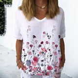 T-shirt En Coton Et Lin à Manches Courtes Et Col Rond à Fleurs Daisy