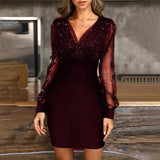 Robe à paillettes Net Yarn V -neck