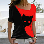 T-shirt chat noir à encolure diagonale