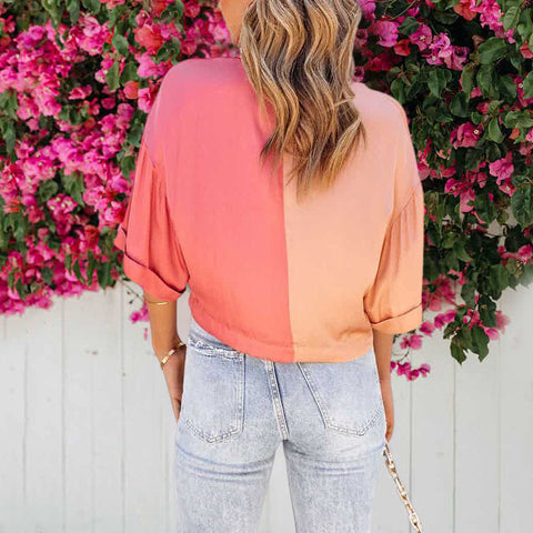 Chemise Cardigan à Manches Mi-longues Contrastées