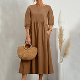 Robe Ample En Coton et Lin à Manches Lanterne de Couleur Unie