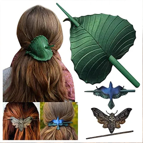 Bâton d'épingle à cheveux corbeau en cuir