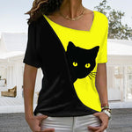 T-shirt chat noir à encolure diagonale