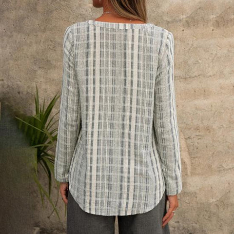 Chemise Décontractée Rayée Á Col En V Et Manches Longues