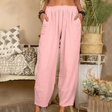 Pantalon décontracté en coton et lin de couleur unie