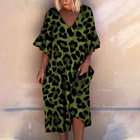 Robe ample à col en V et imprimé léopard