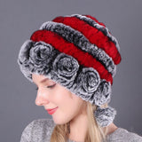 🎁Chapeaux en Vraie Fourrure de Lapin Rex Rayés à Fleurs Chaudes