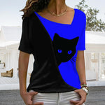 T-shirt chat noir à encolure diagonale