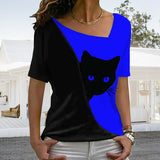 T-shirt chat noir à encolure diagonale